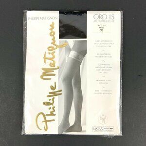 Philippe Matignon Oro 15 Denier Thigh High Hold Ups Size 9.5 Black Lace Top